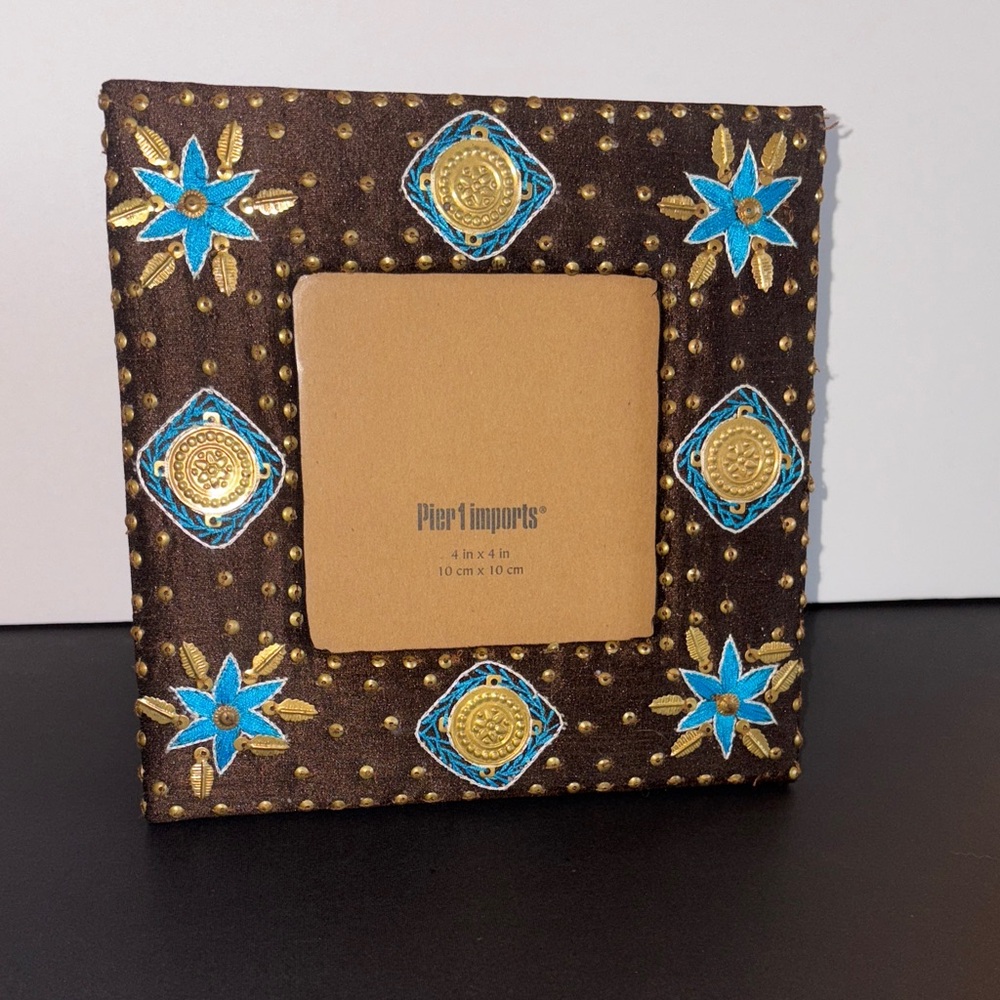 Pier 1 Brown Frame with Blue Embroidery and Gold Metal Beads and Embellishments
